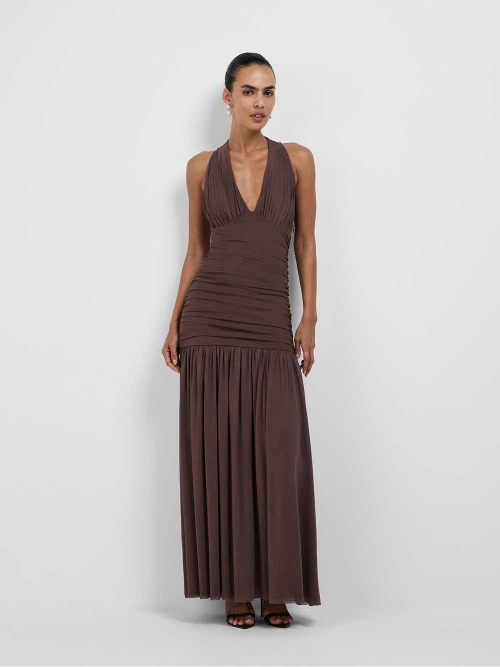 Sheike Chocolate Brown Halter Ruched Maxi Dress